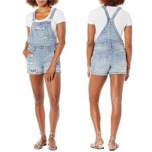BLANKNYC Distressed Cross Denim Light Blue Overall Shorts 0129